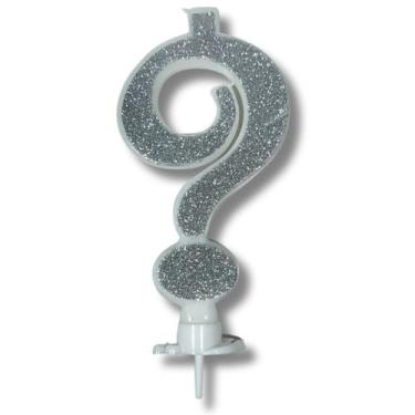 Imagem de Vela grande aniversario glitter prata interrogacao c suporte - Silver 