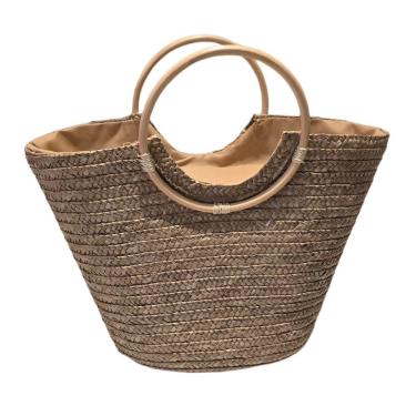 Imagem de Bolsa Grande Cesta Alça Madeira Artesanal Praia Piscina Cor:palha Escura