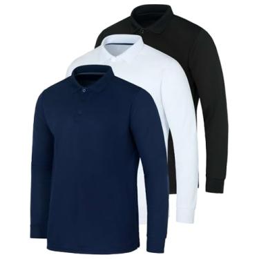 Imagem de Real Essentials Pacote com 3 camisetas polo masculinas de manga comprida e ajuste seco...