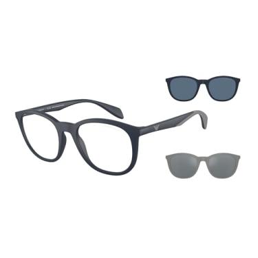 Imagem de Emporio Armani Armação masculina EA4211 com dois clipes de sol intercambiáveis redondos, Azul fosco/transparente, 53 mm