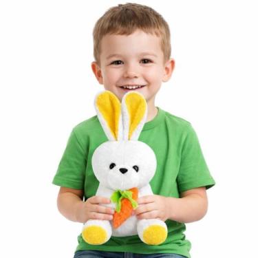 Imagem de Coelho de Pelúcia com Cenoura 30cm Presente Páscoa Decoração Infantil 