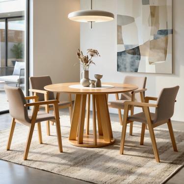 Imagem de Conjunto Sala de Jantar 4 Lugares Redonda com Prato Giratório Mesa e Cadeira Flora Cinamomo/Off White/Bege