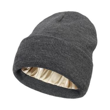 Imagem de Gorro Feminino De Inverno Antiestático Forrado Em Cetim, Touca De Malh