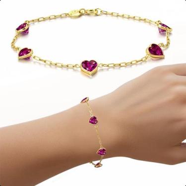 Imagem de Pulseira Feminina Em Ouro 18k Pedras Coração De Zircônia 5mm Vermelho 