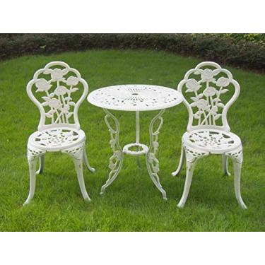 Imagem de Conjunto de mesa de bistrô, móveis de pátio ao ar livre Conjunto de 3 peças de alumínio fundido resistente à ferrugem, mesa e cadeiras de jardim com design de rosa, móveis com orifício para guarda-chuva