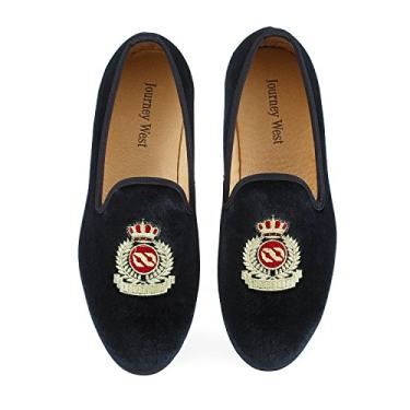 Imagem de Sapato masculino vintage de veludo bordado nobre mocassim slip-on mocassim fumante preto/vermelho/azul, Black Crown, 13