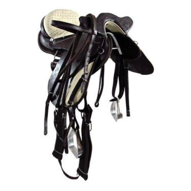 Imagem de Sela Australiana De Cavalo Completa Cabeça Marrom Com Bege Lisa Inox E