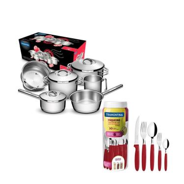 Imagem de KIT - Jogo de Panelas Solar 6pçs inox + Faqueiro 30pçs Vermelho - Tramontina