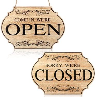 Imagem de Placa de negócios aberta e fechada de madeira rústica reversível de dois lados Come in We're Open or Closed Store para janela da porta da loja, 28 x 19 cm (quadro colorido de madeira, palavras pretas)