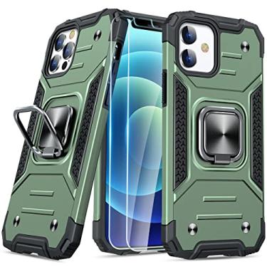 Imagem de JAME Capa para iPhone 12 Pro, capa para iPhone 12 com [protetor de tela de vidro temperado 2PCS], proteção de nível militar, com suporte de anel, capa protetora para iPhone 12/12 Pro 6,1" Alpine-Green