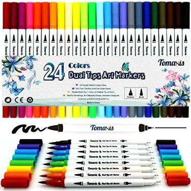 Imagem de Bullet Journal 24pcs Art Marker, 0.4-2mm Coloured Pens Dual Tip Brush Marker Pens Fineliner Felt Tip Water Colour Drawing Paintbrush Highlighters