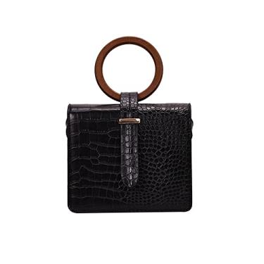 Imagem de Bolsa transversal de couro feminina com alça superior e estampa de crocodilo da moda bolsa de ombro, Preto
