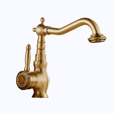Imagem de LIDON Torneira de cozinha retrô, torneira de cozinha de alça única, torneira de pia de latão vintage, torneira de pia de banheiro vintage furo único, torneira de pia de cozinha alta, D antigo (cor: antigo A)