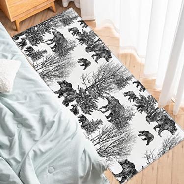 Imagem de Tapete de corredor de cozinha, feito à mão com urso floresta, preto e branco, antiderrapante, tapete de corredor, tapete para lavanderia, cabeceira, banheiro, quarto, 49,7 x 163 cm