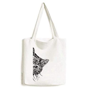 Imagem de Bolsa de lona com desenho de linha preta com cabeça de gato bolsa de compras casual