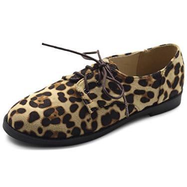 Imagem de Ollio sapato feminino clássico sem salto com cadarço de camurça sintética Oxford, Leopard, 7.5