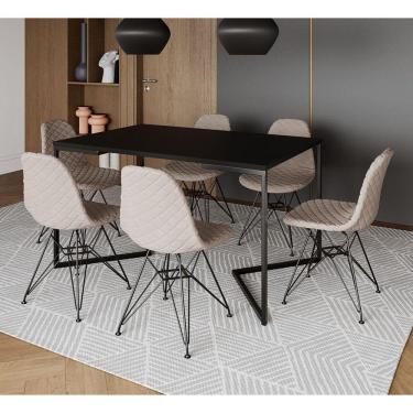 Imagem de Mesa Jantar Industrial Preta 137x90cm Base V com 6 Cadeiras Estofadas Eames Nude Claro Aço Preto