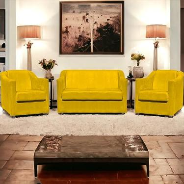 Imagem de Namoradeira Decorativa Para Recepção + 2 Poltronas Decorativas Para Sala De Espera Mila Suede Cores Pé Castanho (Amarelo)