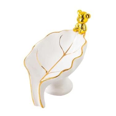 Imagem de ＡＷＨＡＯ Bandeja de saboneteira em forma de folha, autodrenante, saboneteira de cerâmica decorativa para bar, Urso Dourado Branco