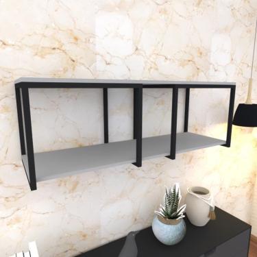 Imagem de Prateleira Industrial Suspensa Estante Parede Nicho Cinza Ferro E Madeira Suporte Pratileira