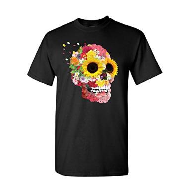 Imagem de Camiseta masculina Sunflowers Sugar Skull Day of The Dead Calavera Mexico, Preto, M