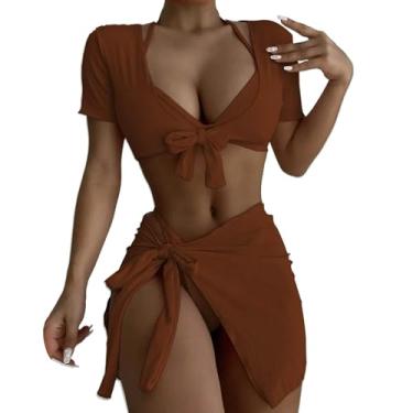 Imagem de Biquíni feminino de cor lisa, sexy, corpo dividido com enchimento no peito, sem suporte de aço, roupa de banho de quatro peças, Café, G