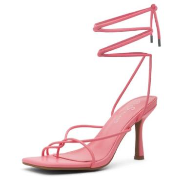 Imagem de Shoe Land Sandália feminina SL-Dafne bico quadrado com cadarço e salto agulha, 2201, rosa, 11