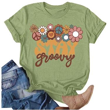 Imagem de Camiseta feminina Stay Groovy com estampa floral fofa hippie anos 70 camiseta verão, Verde, M