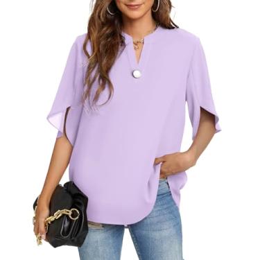 Imagem de Funlingo Tops femininos de verão camisas casuais de manga curta gola V chiffon blusa elegante tops, 02 - roxo claro, 4G