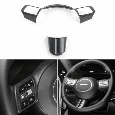 Imagem de Cnaurda 2 peças de moldura de volante de carro de grão de madeira fosca moldura de proteção de painel de botão de volante compatível com acessórios Hyundai Kona SX2 2024