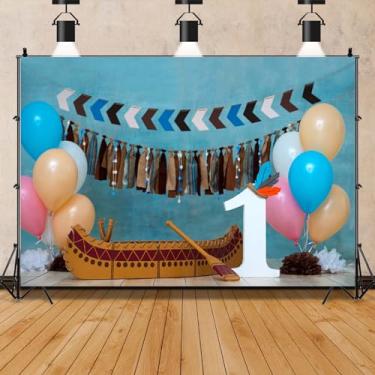 Imagem de Pano de fundo de 2,1 x 1,5 m para meninos de 1º aniversário azul para estúdio fotográfico de um aniversário, pequeno barco de madeira, balões coloridos, decorações de festa de 1º aniversário, faixa de