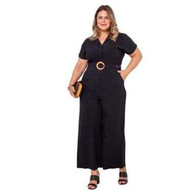 Imagem de Macacão Plus Size longo feminino com cinto pantalona elegante em linho confortável-Feminino