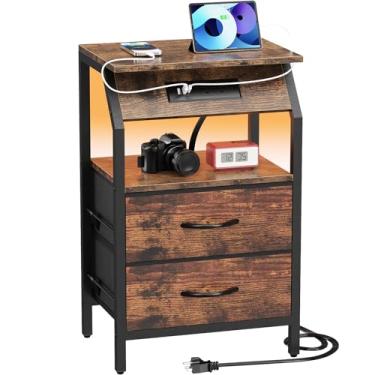 Imagem de SZLHANJZ Mesa de canto com luzes LED, mesa de cabeceira com 2 gavetas e estação de carregamento tipo C, cômoda pequena de tecido para cabeceira, mesa lateral de armazenamento para sala de estar,