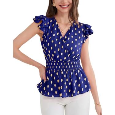 Imagem de GRACE KARIN Blusa feminina Peplum com gola V, casual, manga curta, bolinhas, babados, camisas de verão, Azul marino, G
