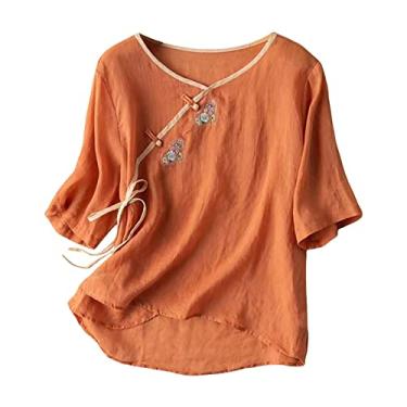 Imagem de Camiseta feminina de verão de linho, cor sólida, gola redonda, botões, caimento solto, manga curta, túnica, Laranja, G