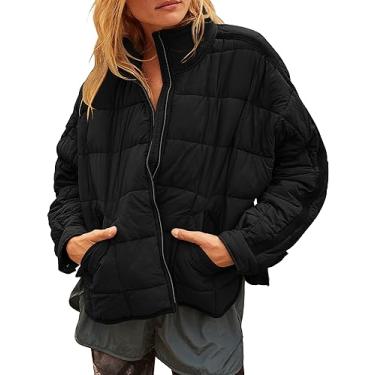 Imagem de Jawmeu Jaqueta feminina superdimensionada leve manga longa zíper casaco curto de inverno com bolsos, Preto, XG