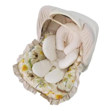 Imagem de Kit Capa/Forro Para Bebê Conforto Acolchoada Universal 100% Algodão + Capota Protetora Solar + Apoio Redutor de Corpo + Protetores de Cinto - Safari Bege