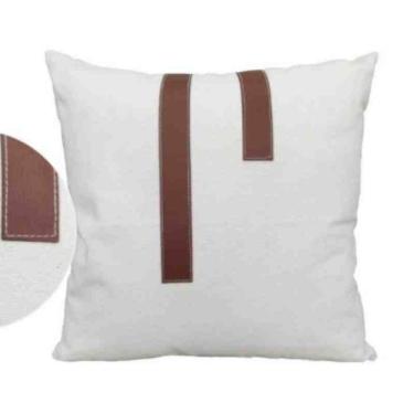 Imagem de Almofada 55x55 Eliana 02 Linho Creme Couro Marrom Toque de Arte