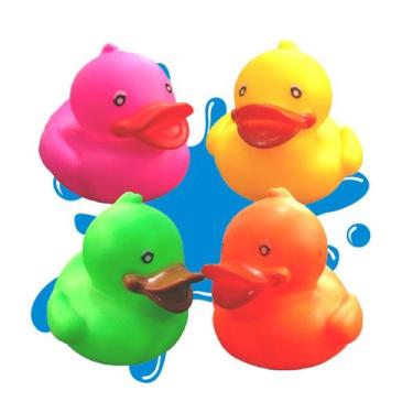 Imagem de Pato De Borracha Colorido Para Banho Kit Com 4 Unidades Patinho Macio