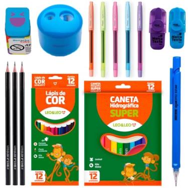 Imagem de Kit Material Escolar Infantil Canetinha Lápis de Cor Apagável Marca Texto Apontador Borracha - Leo e Leo (Azul)