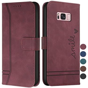 Imagem de COTDINFOR Capa carteira para Samsung Galaxy S8, Galaxy S8 com porta-cartões, capa flip de couro com suporte, proteção total magnética compatível com Samsung Galaxy S8 Smile vinho tinto