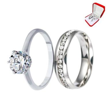 Imagem de Anel Prata Cravejado 6mm Pedras Brancas Zircônia + Anel Solitário 2mm 
