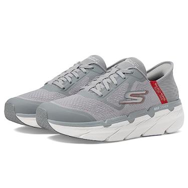 Imagem de Skechers Tênis masculino Max Cushion Slip-ins – Tênis esportivo de corrida e caminhada com espuma viscoelástica, Cinza/vermelho, 39