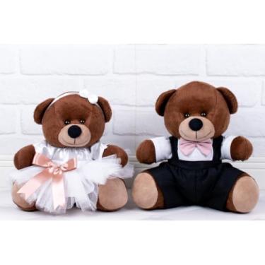 Imagem de Ursos de Pelúcia Casal, Ursinho Marrom com Vestido Branco e Terno Preto, Tedde 26 cm (Tedde Pajem Preto, Daminha Branca, detalhes rosê - Pelúcia Marrom)