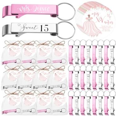 Imagem de Dandat 50 conjuntos de lembrancinhas de festa de quinze anos para convidados 15 anos abridor de garrafas chaveiro sacos de organza cartões de agradecimento com corda presente de quinze anos para 15