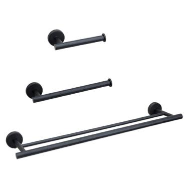 Imagem de LUMAI Kit 3 Acessórios para Banheiro Aço Inoxidável Fosco, Toalheiro Duplo 60cm, Porta-Toalha de Rosto e Suporte para Papel Higiênico, Instalação com Parafusos, Organização e Durabilidade – Preto