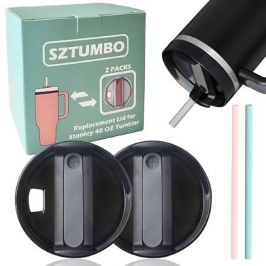Imagem de SZTUMBO Tampa de substituição de 2 peças para copo Stanley de 1,134 g, à prova de derramamento e resistente a respingos, acessório de copo Stanley Quencher (preto) vem com 2 peças de canudo de