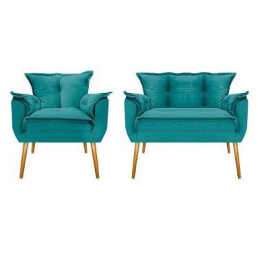 Imagem de Kit Namoradeira e Poltrona Opala Palito Mel Suede Azul Turquesa - DAMA