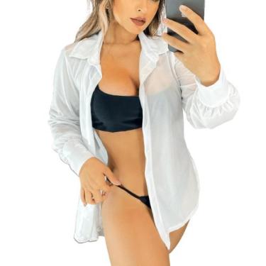 Imagem de Saída de Praia camisa manga longa chemise kimono branca  - Cosmic Girl