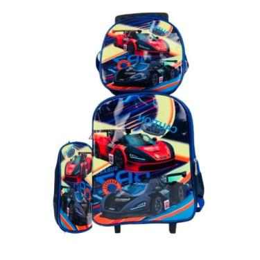 Imagem de Kit Mochila Escolar Infantil Rodinha Lancheira Estojo Carros - Yeet